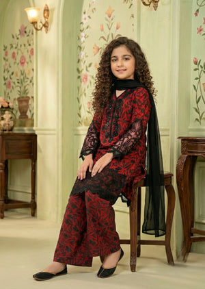Girls Red and Black Floral Printed 3-Piece Suit
