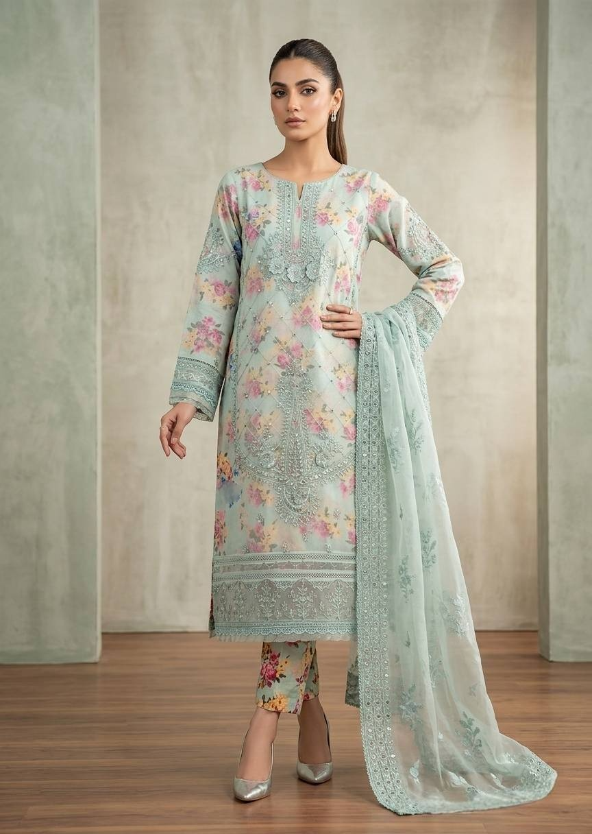 Floral Embroidered Mint Green Organza Kurta Set