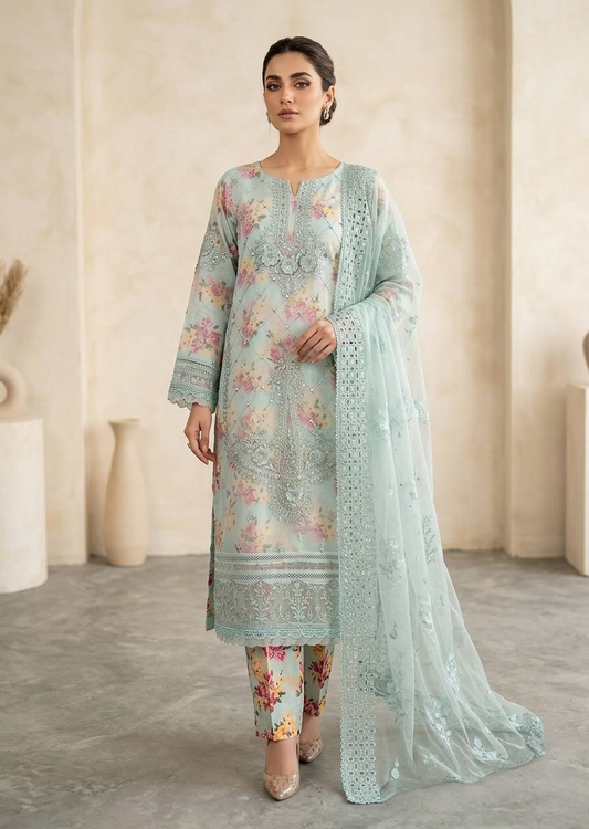 Floral Embroidered Mint Green Organza Kurta Set