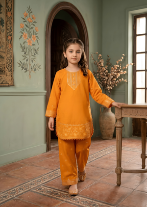 Girls Orange Embroidered Cotton Kurta with Straight Trousers