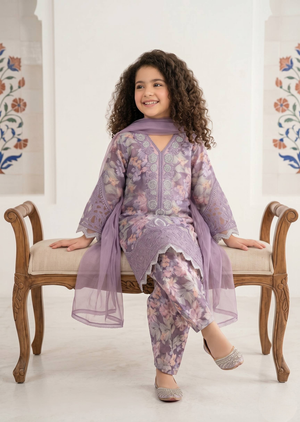 Lavender Floral Embroidered Kids Kurta Set with Organza Dupatta