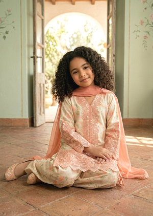 Girls Floral Printed Lawn Kurta Set with Embroidered Details