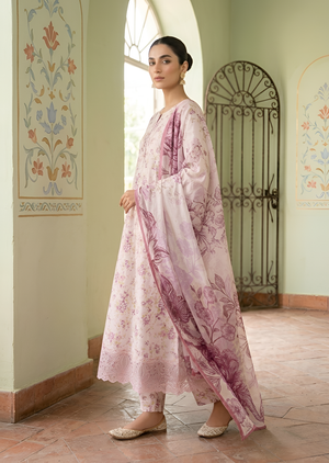 Elegant Lavender Pink Floral Printed Flared Maxi Dress with Trousers & Dupatta
