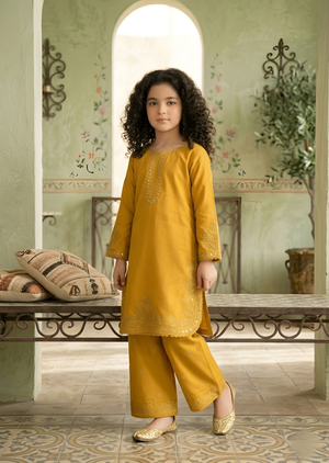 Girls Yellow Embroidered Kurta with Plazzo Set