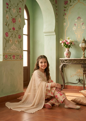 Off-White Floral Printed Lawn Kurta Set with Lacework