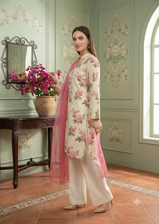 Floral Printed Lawn Kurta Set with Organza Dupatta