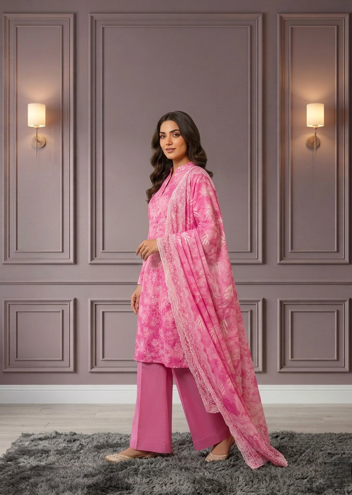 Pink Printed Lawn Kurta Set with Straight Trousers & Dupatta