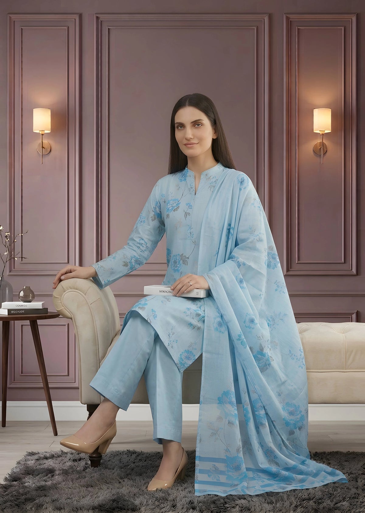 Light Blue Printed Lawn Kurta Set with Dupatta