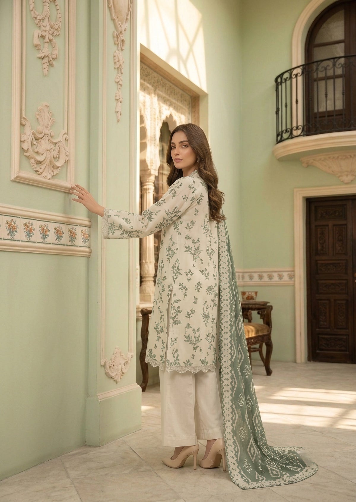 Off-White & Sage Green Printed Lawn Kurta Set