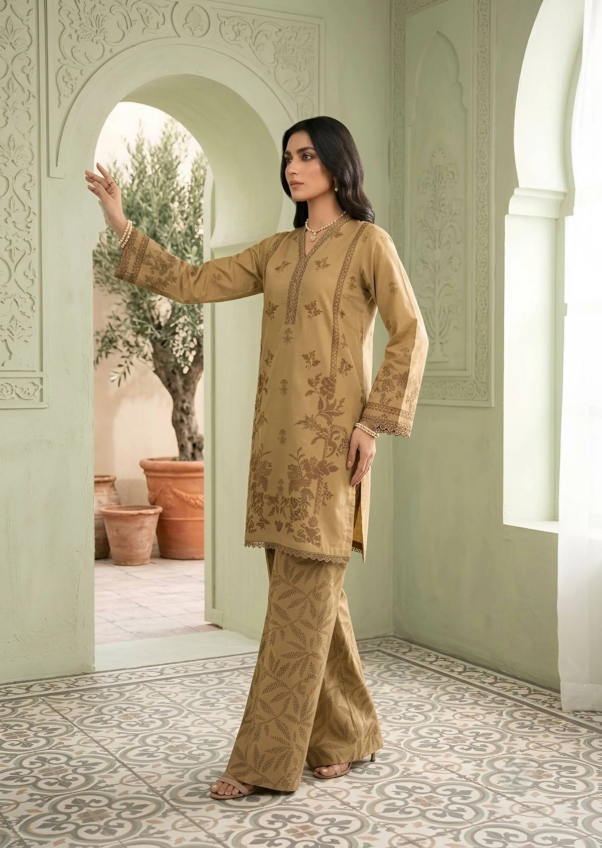 Camel Brown Printed Cotton kurta set