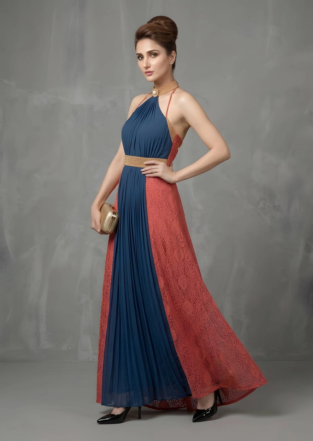 Navy Blue and Coral Pleated Maxi