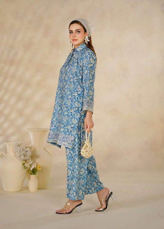 Blue Floral Printed 2-Piece Cotton Co-Ord Set