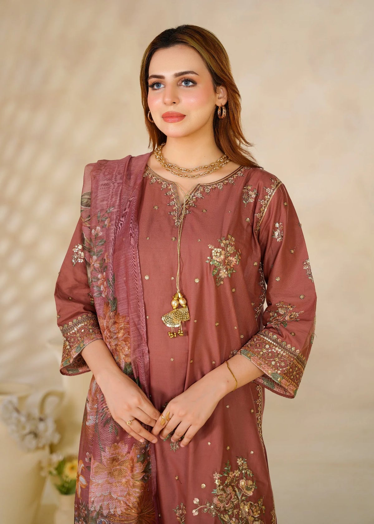 Dusty Rose Embroidered 3-Piece Kurta Set with Floral Dupatta