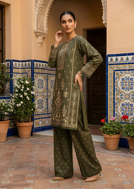 Olive Green Embroidered Cotton Kurta Set with Plazzo