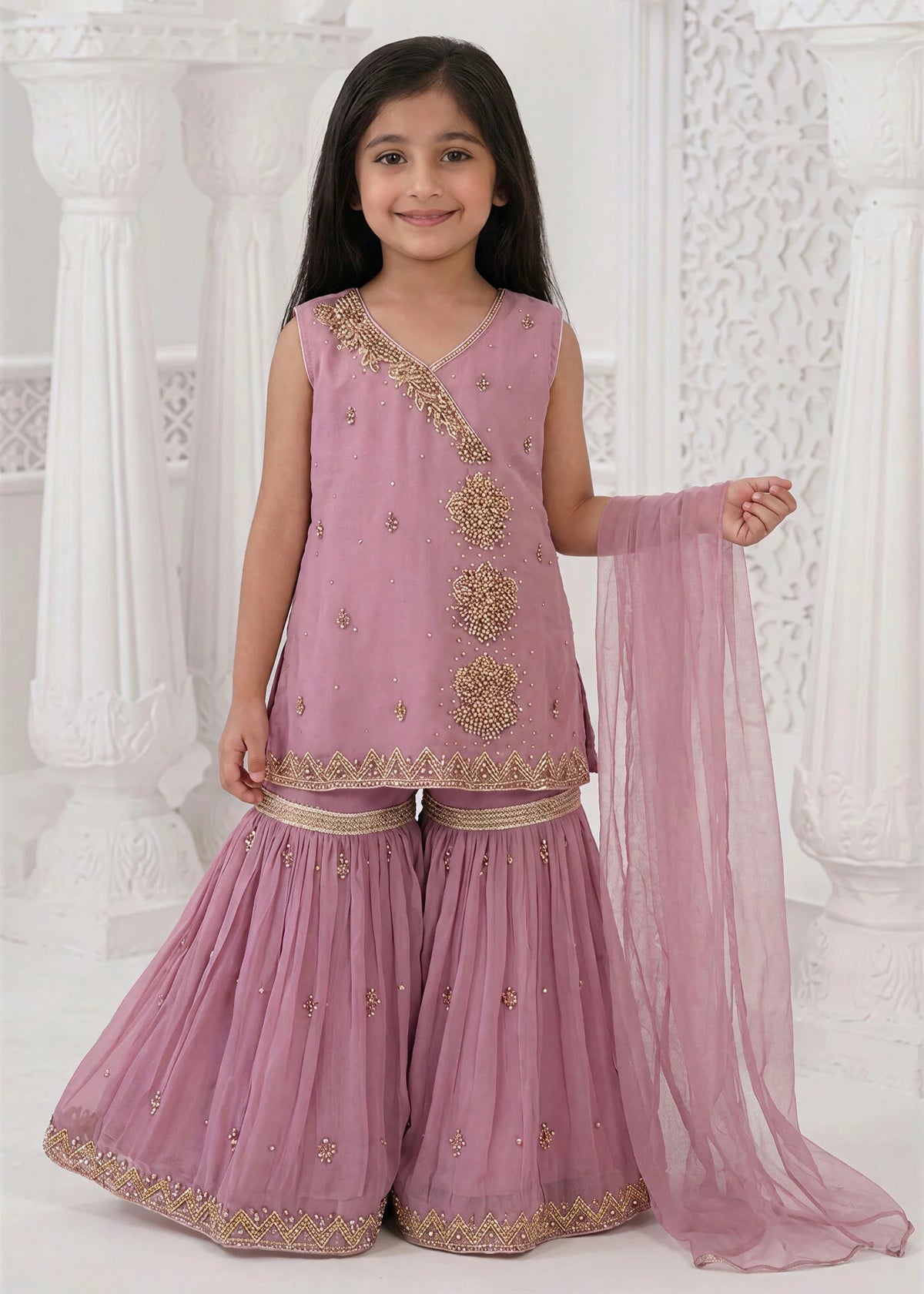 Kids Thistle Embroidered Gharara Suit with Dupatta