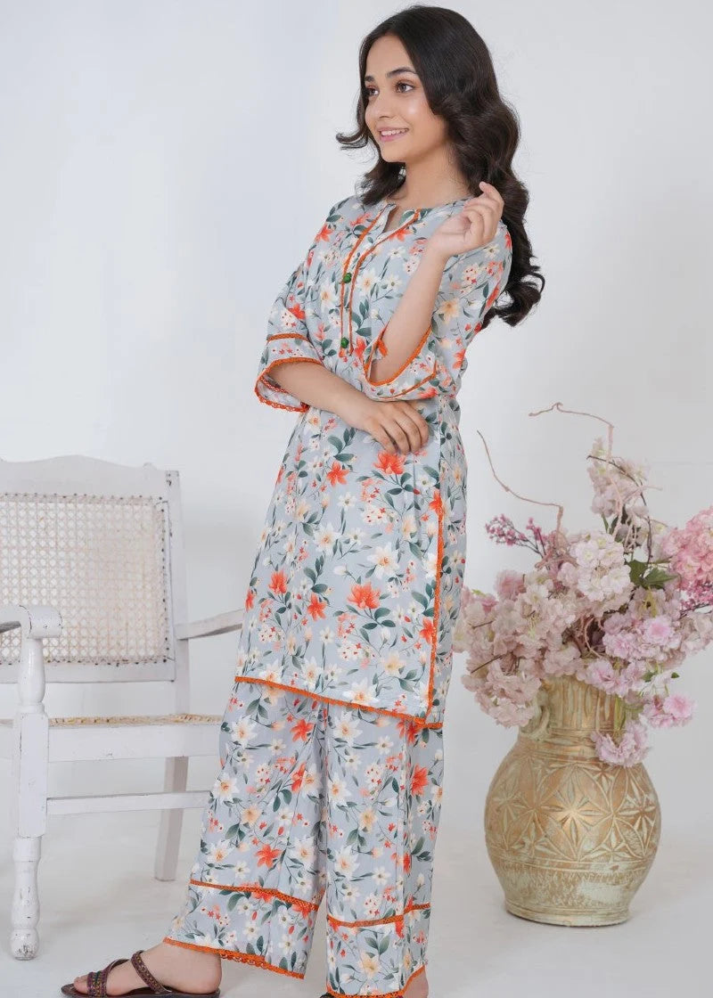 Gray Printed Girls Suit