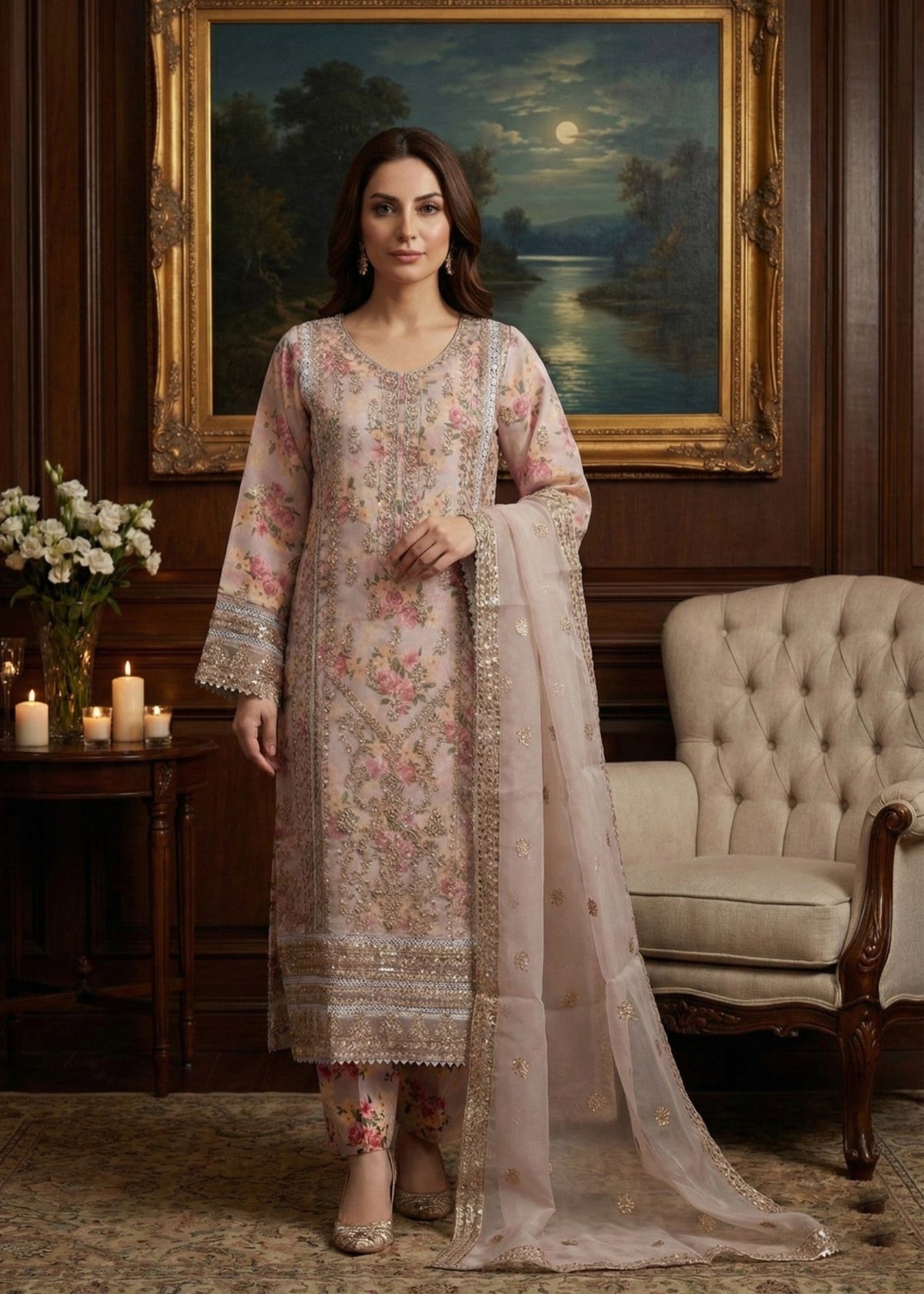Beige & Rose Floral Ensemble