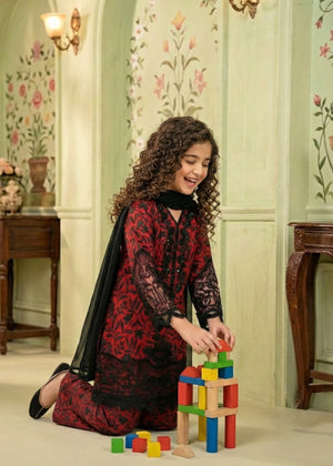 Girls Red and Black Floral Printed 3-Piece Suit