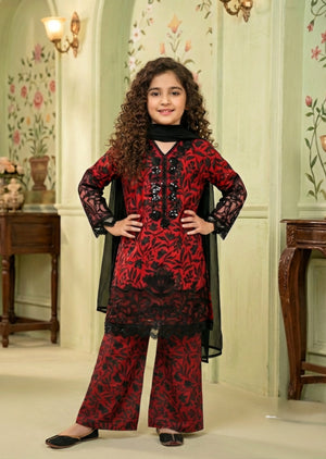 Girls Red and Black Floral Printed 3-Piece Suit