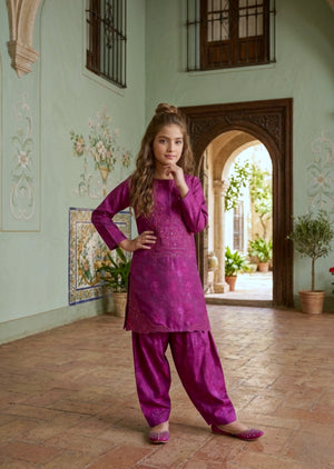 Girls Plum Embroidered Shalwar Kameez