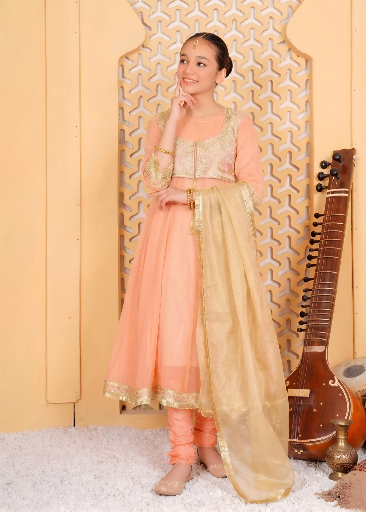 Chiffone Peach Embroidered Suit