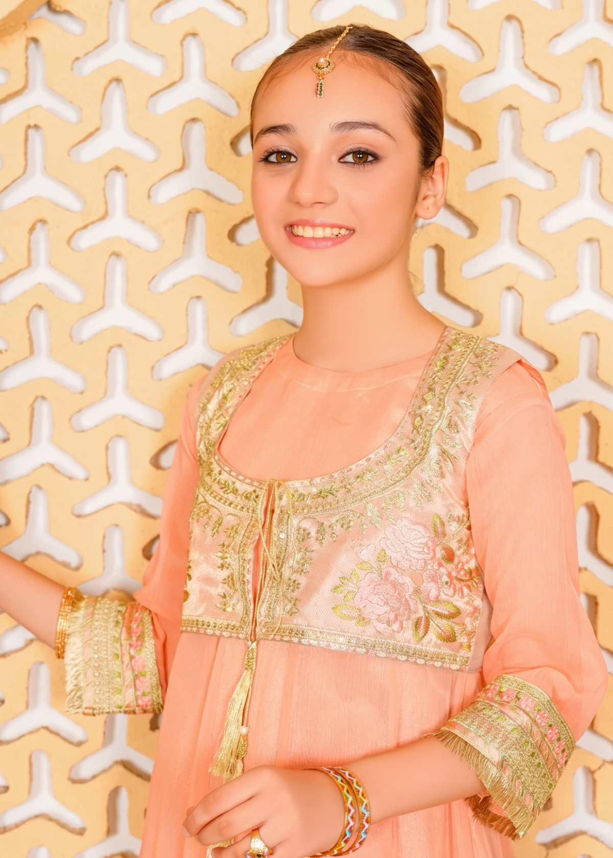Chiffone Peach Embroidered Suit