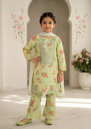 Girls Light Green Floral Printed Embroidered Kurta Set with Dupatta
