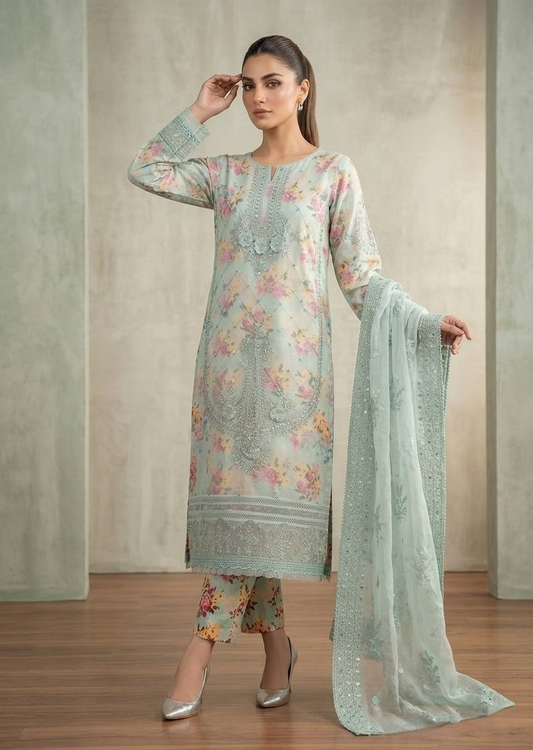 Floral Embroidered Mint Green Organza Kurta Set