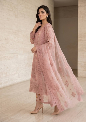 Pink Floral Embroidered Organza Kurta Set with Dupatta