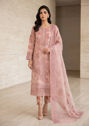 Pink Floral Embroidered Organza Kurta Set with Dupatta