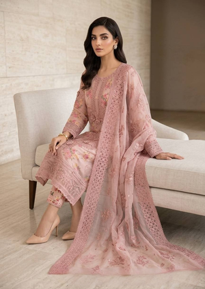 Pink Floral Embroidered Organza Kurta Set with Dupatta