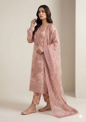 Pink Floral Embroidered Organza Kurta Set with Dupatta