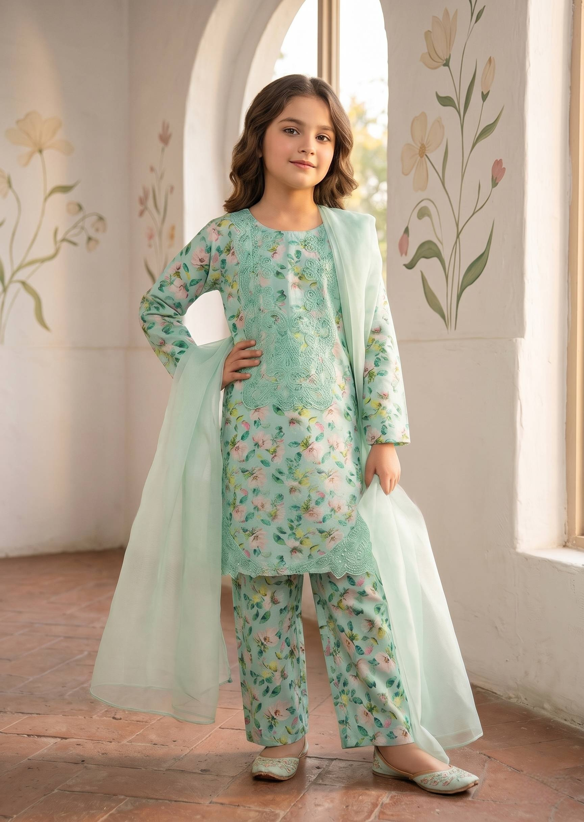 Kids Aquamarine Embroidered & Printed Lawn Kurta Set