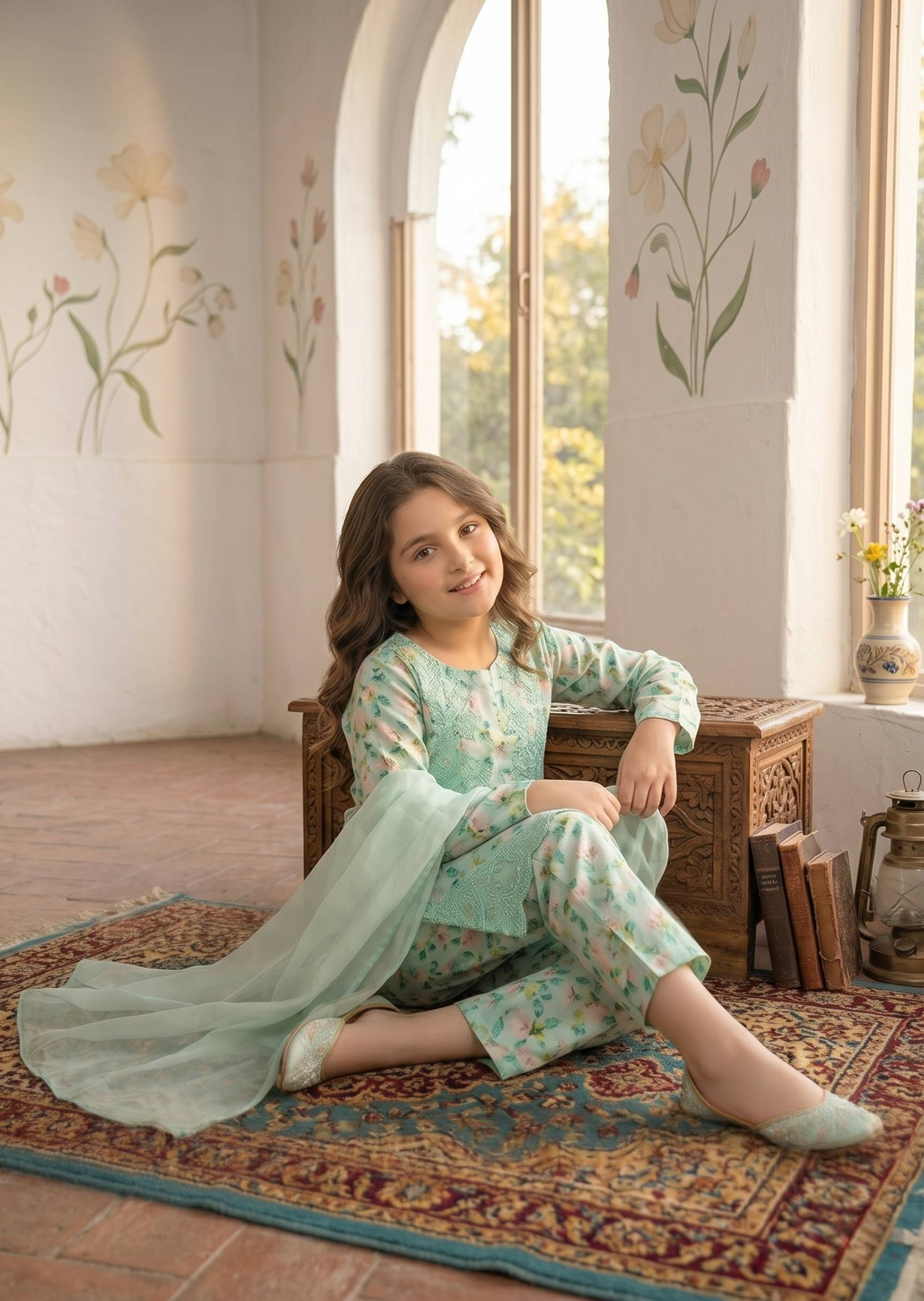 Kids Aquamarine Embroidered & Printed Lawn Kurta Set