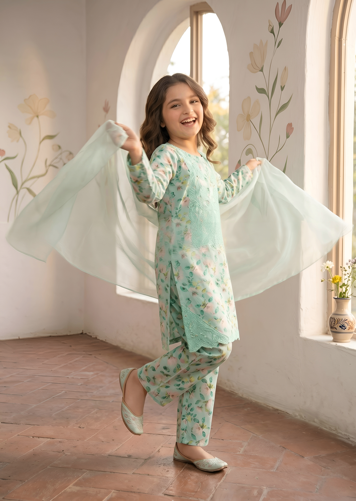 Kids Aquamarine Embroidered & Printed Lawn Kurta Set