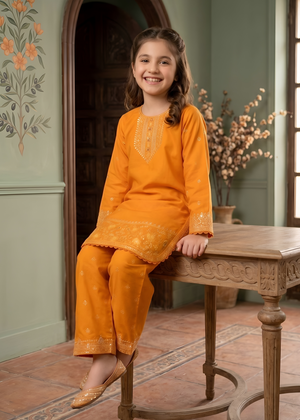 Girls Orange Embroidered Cotton Kurta with Straight Trousers