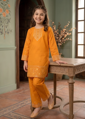 Girls Orange Embroidered Cotton Kurta with Straight Trousers