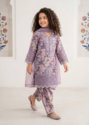 Lavender Floral Embroidered Kids Kurta Set with Organza Dupatta