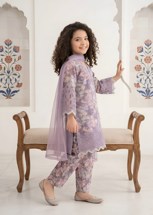 Lavender Floral Embroidered Kids Kurta Set with Organza Dupatta