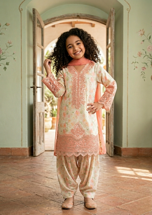 Girls Floral Printed Lawn Kurta Set with Embroidered Details