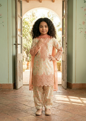 Girls Floral Printed Lawn Kurta Set with Embroidered Details