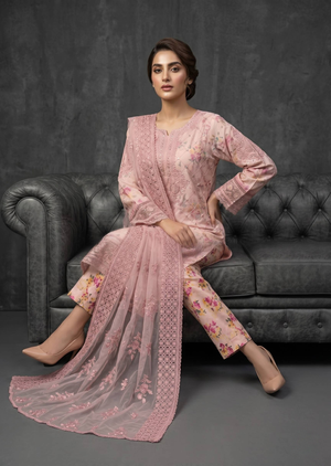 Pink Floral Printed & Embroidered Kurta Set with Organza Dupatta