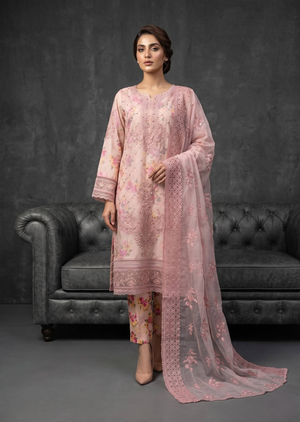 Pink Floral Printed & Embroidered Kurta Set with Organza Dupatta