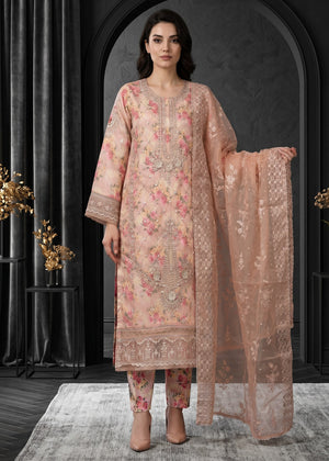 Elegant Beige Floral Printed Embroidered Kurta Set with Gold Organza Dupatta
