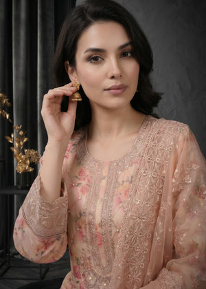 Elegant Beige Floral Printed Embroidered Kurta Set with Gold Organza Dupatta