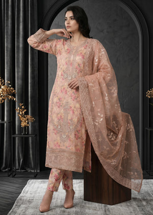 Elegant Beige Floral Printed Embroidered Kurta Set with Gold Organza Dupatta