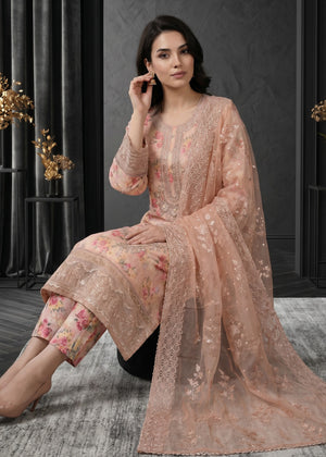 Elegant Beige Floral Printed Embroidered Kurta Set with Gold Organza Dupatta