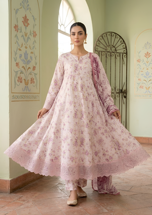 Elegant Lavender Pink Floral Printed Flared Maxi Dress with Trousers & Dupatta