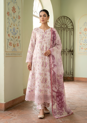 Elegant Lavender Pink Floral Printed Flared Maxi Dress with Trousers & Dupatta