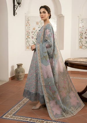 Sky Blue Floral Maxi with Embroidered Dupatta